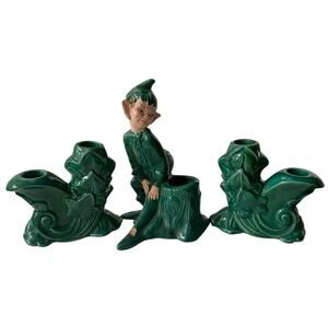 Vtg 1955 Gilner Green Pixie Elf Tree Trunk Planter Set 7” Candleholder 50s